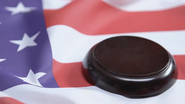 USA Flag on Background, Judge Hitting Gavel, International Crime, Justice