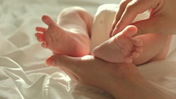 Newborn Baby Feet is in Mother's Hands. Mother Holding Small Child's Feet, Close Up.