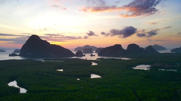 Aerial view scene of Samet Nangshe Bay, Phang Nga province, Landscape mountain and river or lake.