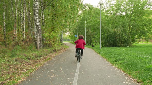 Young Boy Cycling on Bicycle on City Park Pathway at Summer Day Rear View