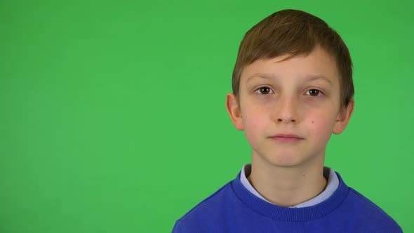 A Young Cute Boy Smiles at the Camera - Closeup - Green Screen Studio