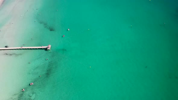 Static aerial drone footage of the beach front on the Spanish island Majorca Mallorca, Spain