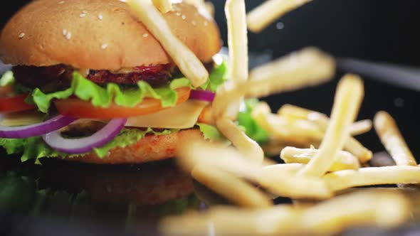 French Fries Fall to a Plate in Slow Motion