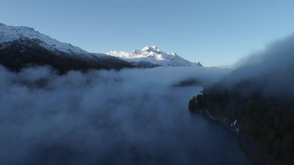 Fog over lake, St. Moritz, Canton of Graubunden, Switzerland