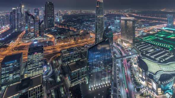 Dubai International Financial Centre District with Modern Skyscrapers Night Timelapse