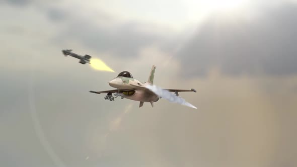 Animation of the Israeli fighter F-16 shooting missiles in the sky