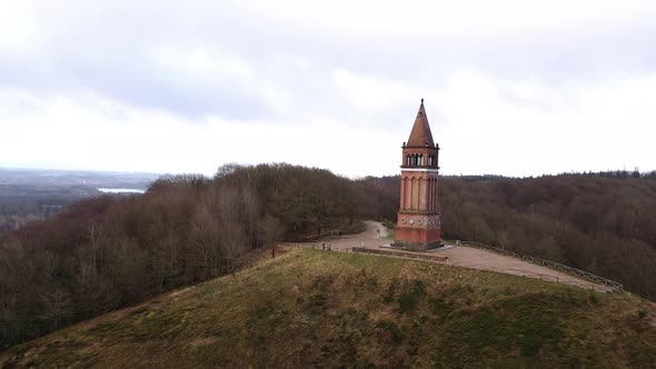 Aerial Over Red Brick Tower on the Top of Himmelbjerget Hill Denmark