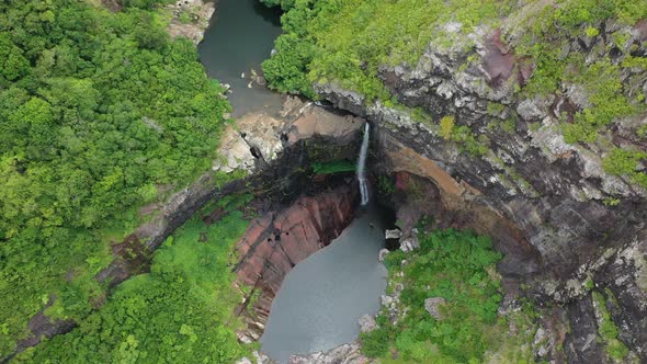 Cascades of Waterfalls Tamarin Island of Mauritius. Aerial View. Seven Cascades of Tamarin