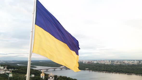 Kyiv - National Flag of Ukraine By Day. Aerial View. Kiev. Slow Motion