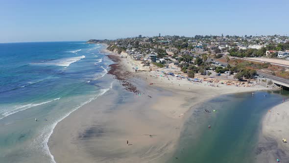 Aerial landscape shot of Cardiff-by-the-sea beach in Encinitas, San Diego