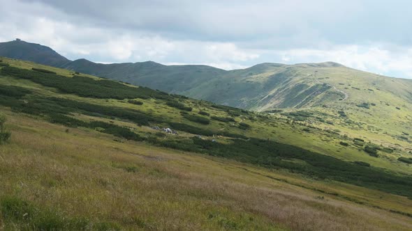 Landscape View of Green Hills in the Valley of Mountains with Coniferous Forests