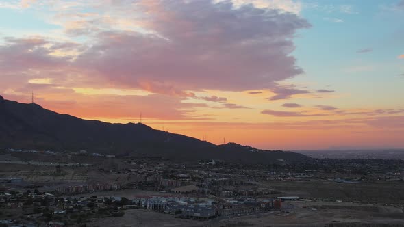 Aerial Drone Footage Of West El Paso Texas During Beautiful Cloudy Sunrise During Twilight With Fran