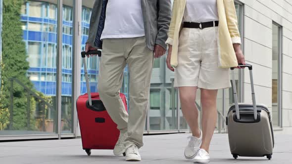 Couple with Suitcases Walking Through the Airport or Train Station