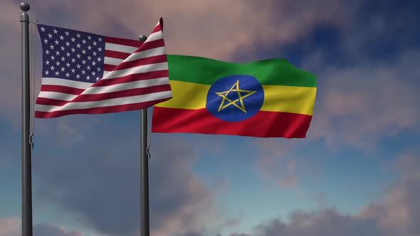 Ethiopia Flag Waving Along With The National Flag Of The USA - 4K