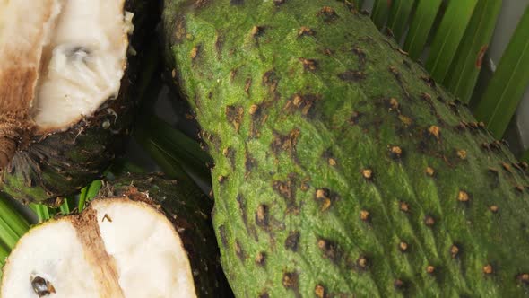 Closeup of Green Soursop Graviola, Exotic, Tropical Fruit Guanabana on Plate