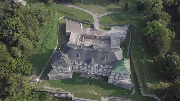 Aerial To Old Romantic Palace Castle Pidhirci in Ukraine