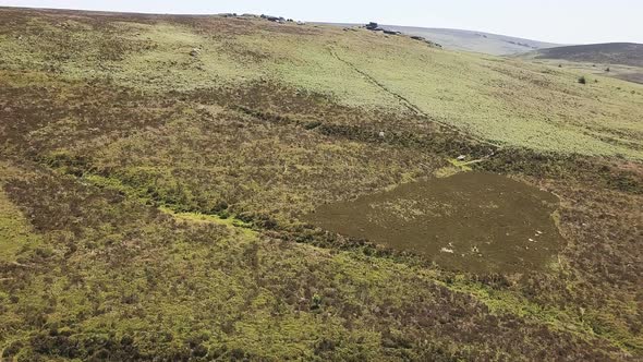 Aerial view of tors and landscapes in Dartmoor National Park England.
