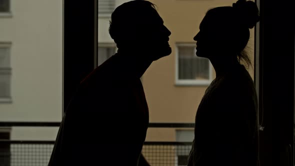 Loving Couple Kissing on Window Background Overlooking Nigth City. Romantic Evening.