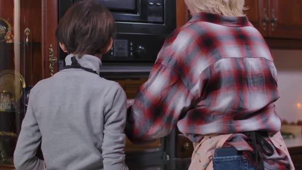 Back View of Happy Boy Opening Oven and Woman Putting Tray with Vegetables Inside