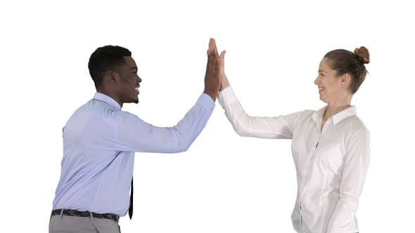 Young Woman and Young Man in Formal Clothes Give High Five