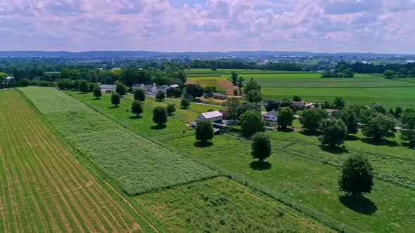 Aerial View of Farmlands Countryside Corn Fields on a Beautiful Summer Day