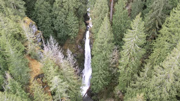 Beautiful cascading waterfall deep in an evergreen forest, aerial decent