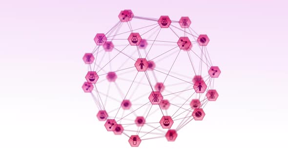 Animation of pink globe of network connections with health icons