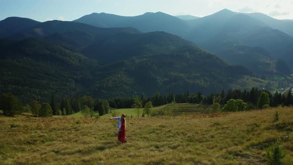 Happy Couple in Mountains Spending Time Beautiful Peaks Background Enjoying