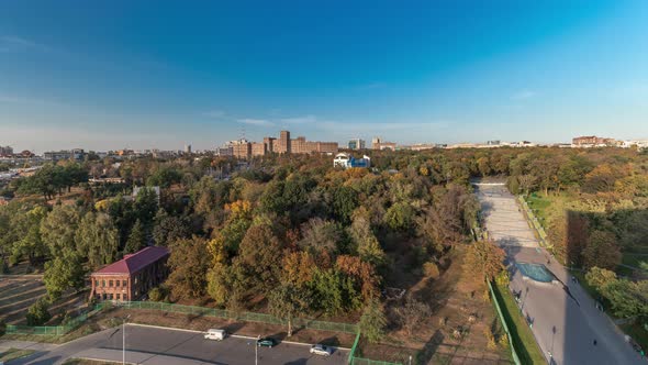 Aerial Panoramic View To a Staircase with Fountains in the Shevchenko Garden Timelapse