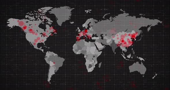 Animation of the world map and countries turning red through circles in a dark background