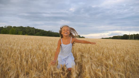 Beautiful Happy Girl with Long Blonde Hair Running To the Camera Through Wheat Field. Little Smiling