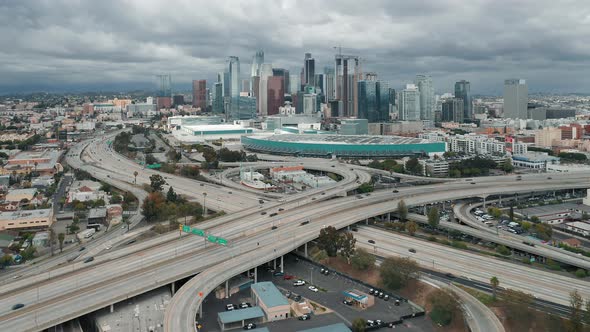 Aerial Drone Shot Flying at Downtown Los Angeles on a Sunny Summer Day, 