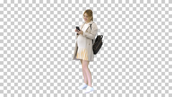 Pregnant casual woman holding cellphone, Alpha Channel