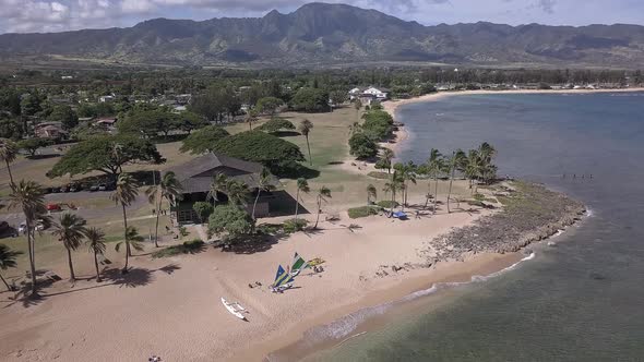 Aerial view of Haleʻiwa Aliʻi Beach Park in Oahu Hawaii on a sunny day