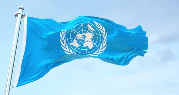 Un United Nations flag waving 4k