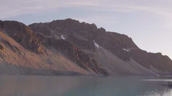 Panoramic View of Vibrant Colorful Glacier Lake Up in Rocky Mountains