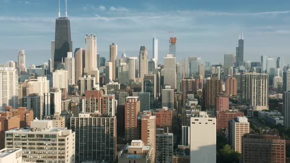 Aerial Shot Of Modern Business Buildings With Offices Chicago Usa at Sunset