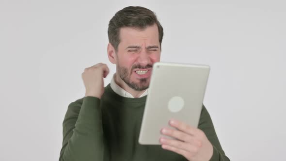 Portrait of Man Having Loss on Tablet in Office White Screen