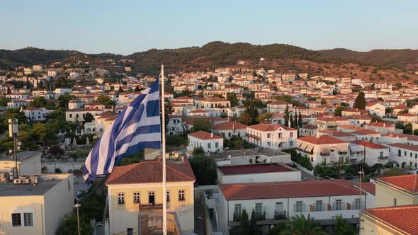 Aerial View of Spetses Old Town and Marina or Seaport Greece  Drone Videography