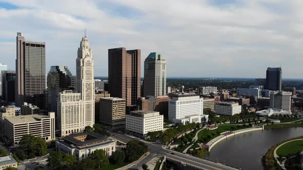 Columbus Ohio Skyline - aerial drone footage.  Downtown Columbus