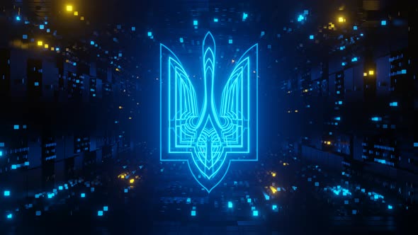 Blue Scifi Glowing Ukrainian Trident Reveal 3d Animation Loop Background