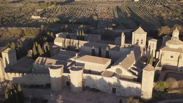 4K Aerial Beautiful Sunset At Monastery Of Saint Mary In Poblet, Spain