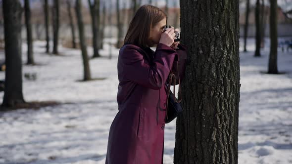 Side View Young Slim Woman Hiding at Tree in Winter Park Taking Photos with Camera