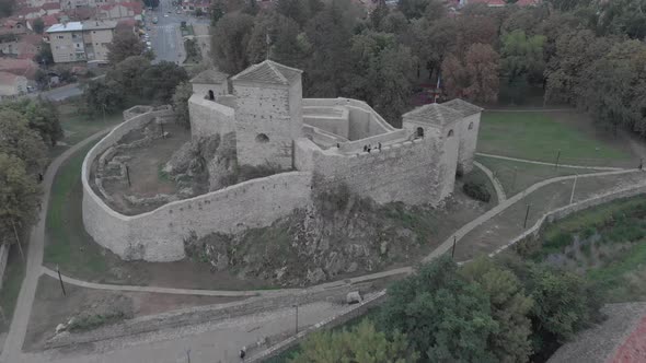 Preserved And Reconstructed Castle Next To The Park People Walk Inside