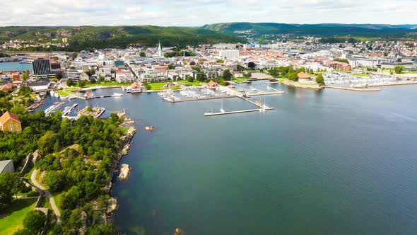 Drone view of Kristiansand and Kvadraturen from Oderoya, Norway