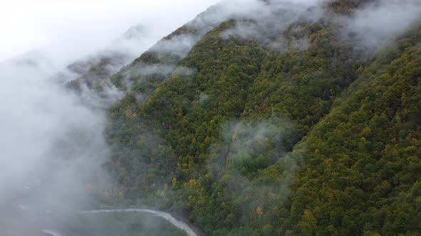 Misty Autumn Mountain Aerial View