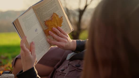 Mother and daughter laying at autumn park outdoors and reading a book. Two females