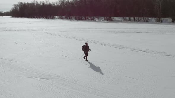 Aerial View an Elderly Woman Engaged in Nordic Walking with Sticks in the Winter Forest. Healthy