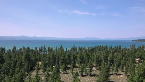 Pine Forest Revealed Serene Freshwater Lake Of Tahoe In California, United States. Aerial Tilt-up