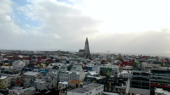 Close up drone aerial of Hallgrimskirkja Church in Reykjavik, Iceland